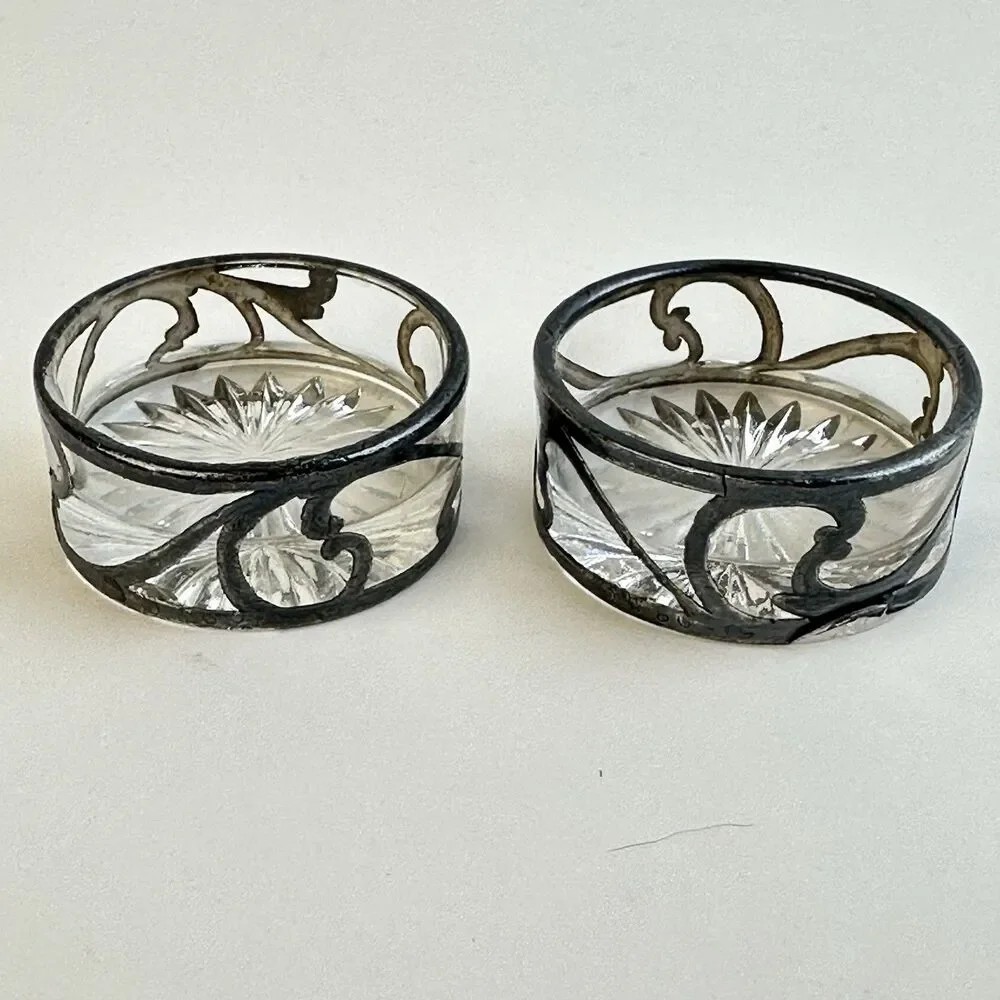 Antique Art Nouveau Sterling Silver Overlay Cut Glass Open Salt Cellars Set of 2